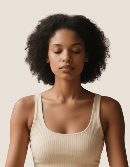 Yoga teacher portrait in beige tank top