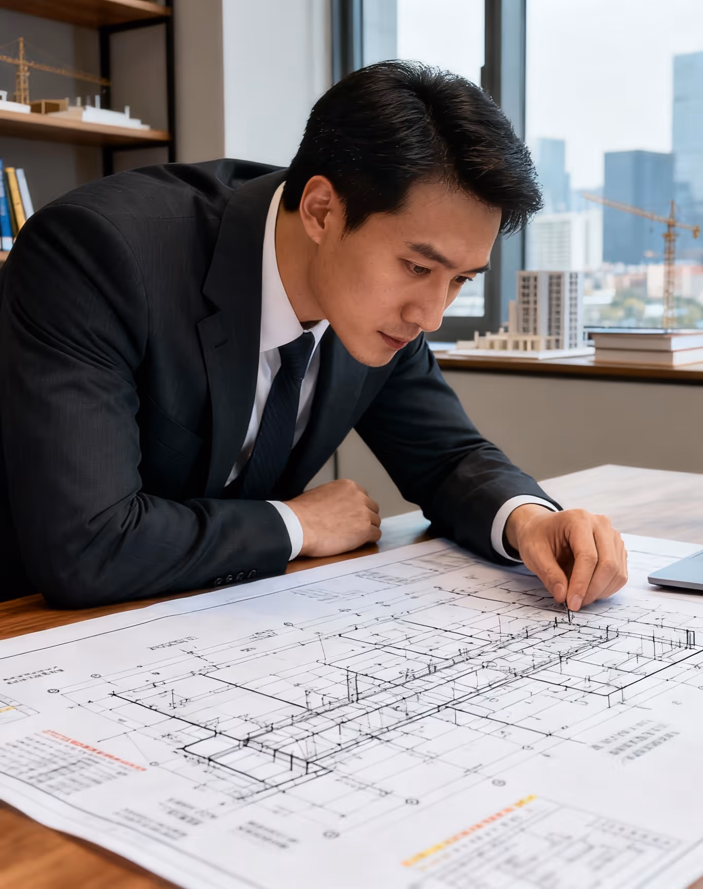 Engineer in a suit closely examining architectural blueprints spread on a wooden table in a modern office.