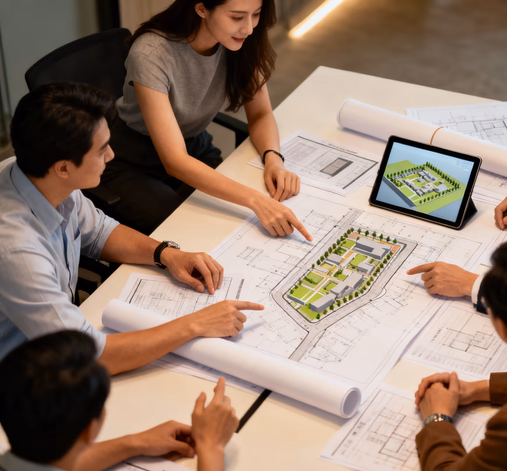 Group of architects or designers discussing a building layout on printed blueprints and a tablet showing a 3D model.