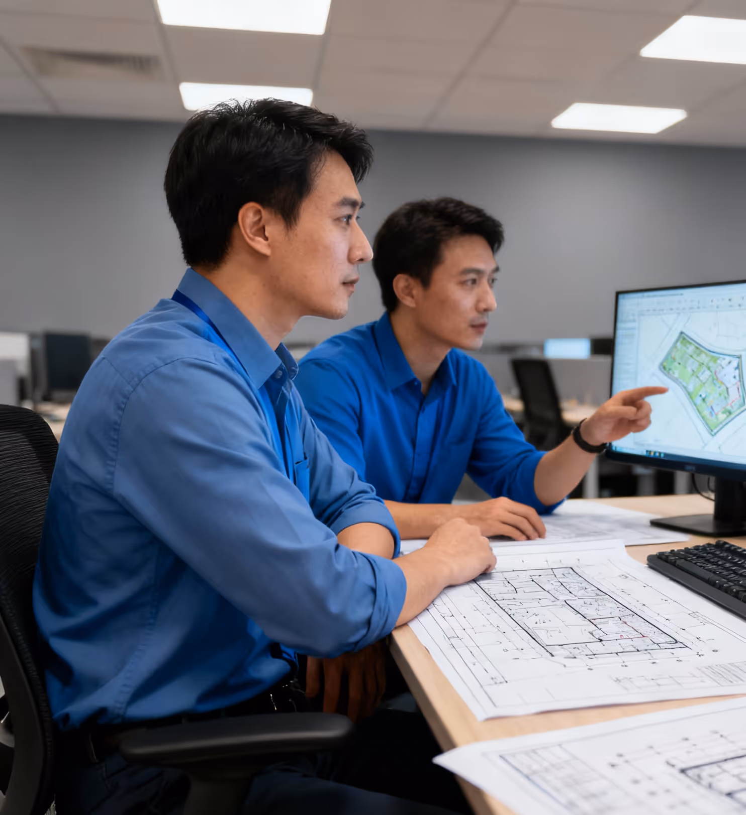 Two men in blue shirts reviewing architectural blueprints and a site map on a computer screen in an office.