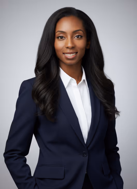 Kara St. Hillaire with long curly black hair wearing a navy blue suit and white shirt against a plain light gray background.
