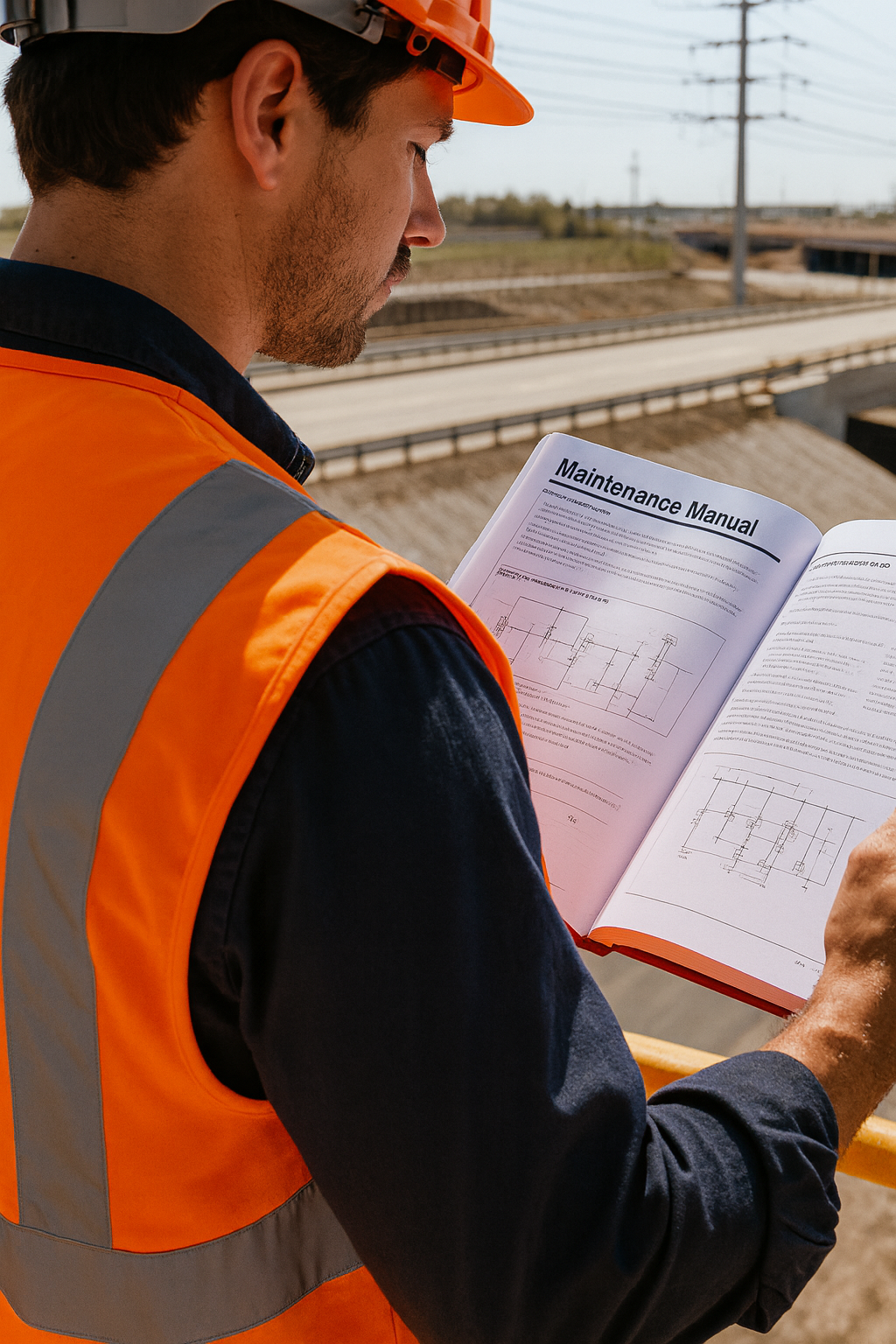 Construction worker in orange safety vest and helmet reading a maintenance manual with technical drawings at a road construction site.