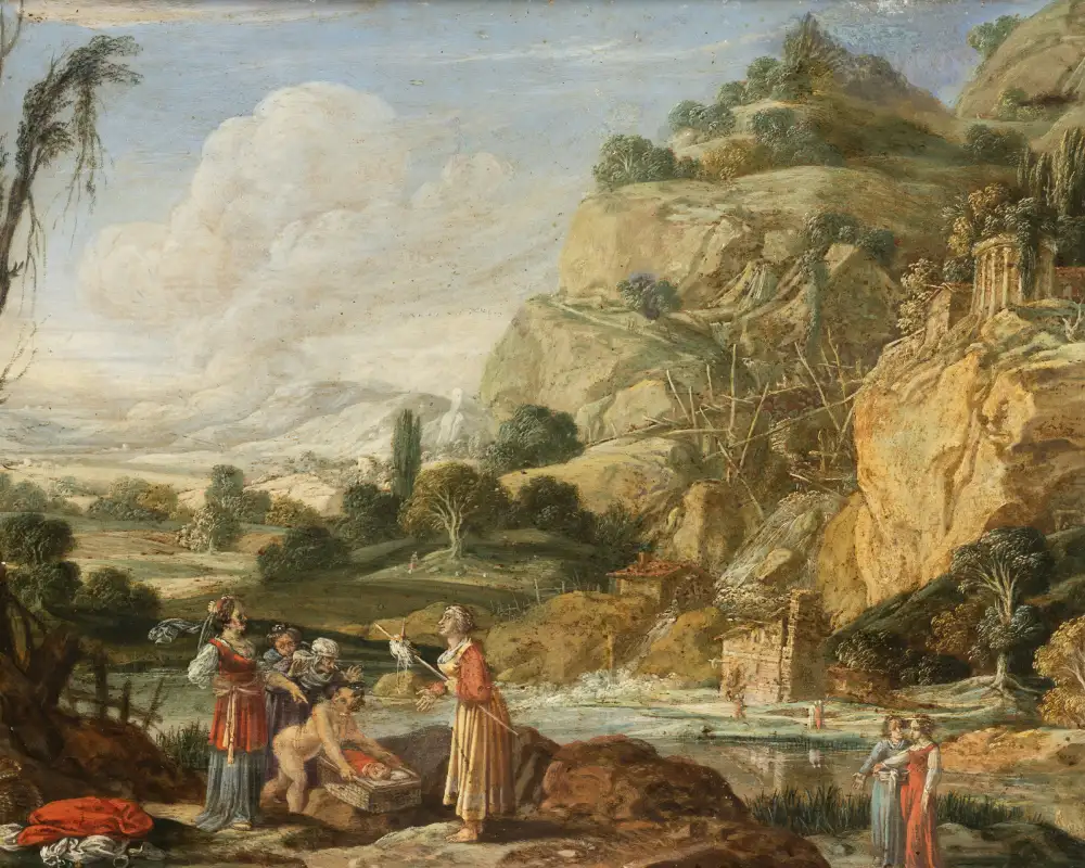 Still life painting of flowers in a vase against a dark background.