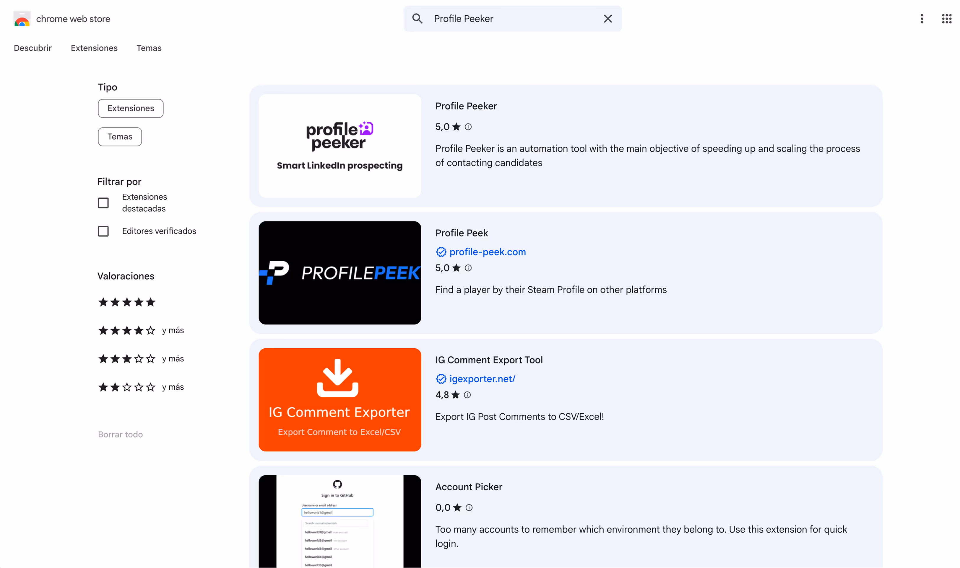 Chrome Web Store search results page showing extensions: Profile Peeker for LinkedIn prospecting, Profile Peek for Steam player search, IG Comment Exporter, and Account Picker.