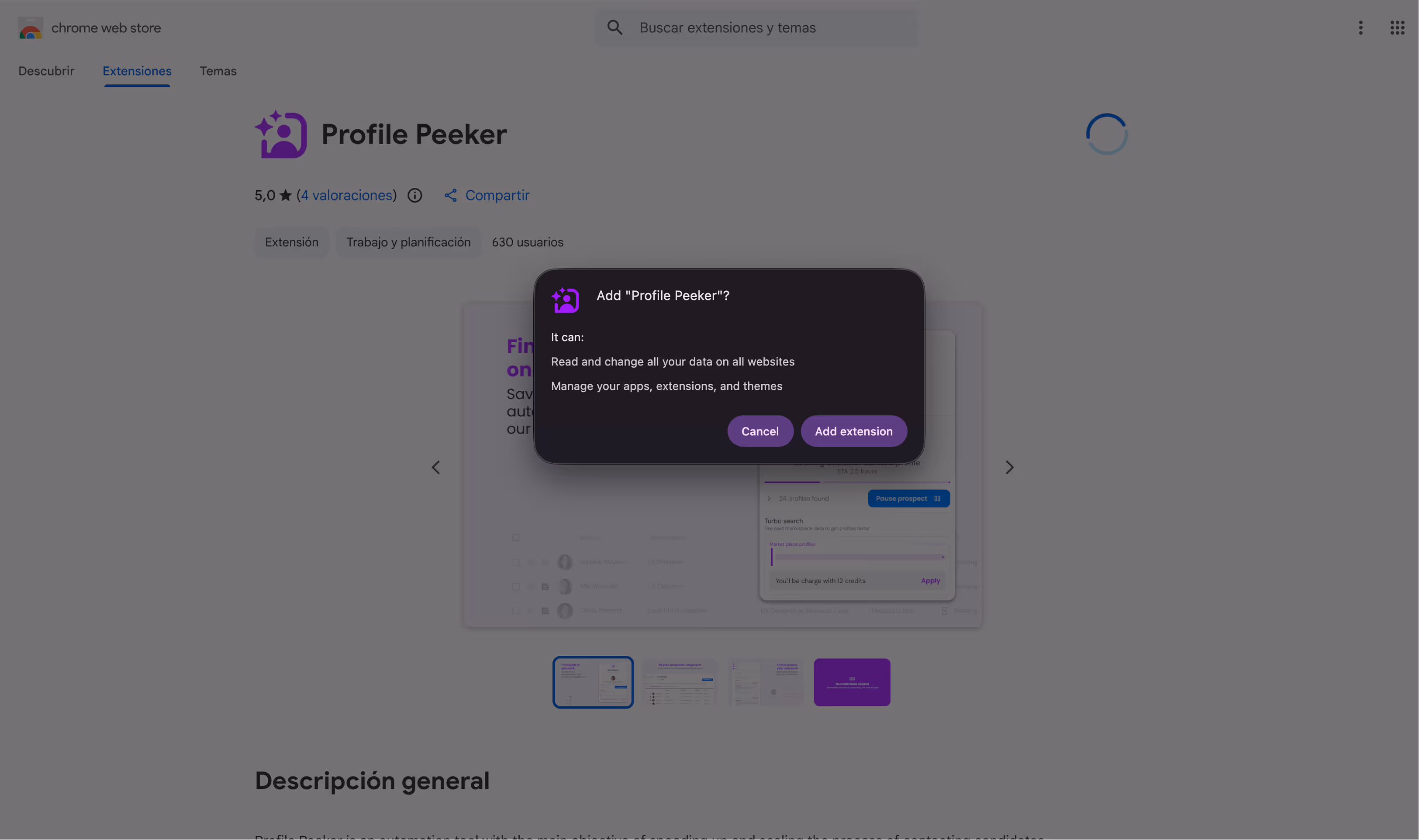 Chrome Web Store page showing the Profile Peeper extension installation prompt requesting permissions to read and change data on all websites and manage apps, extensions, and themes.