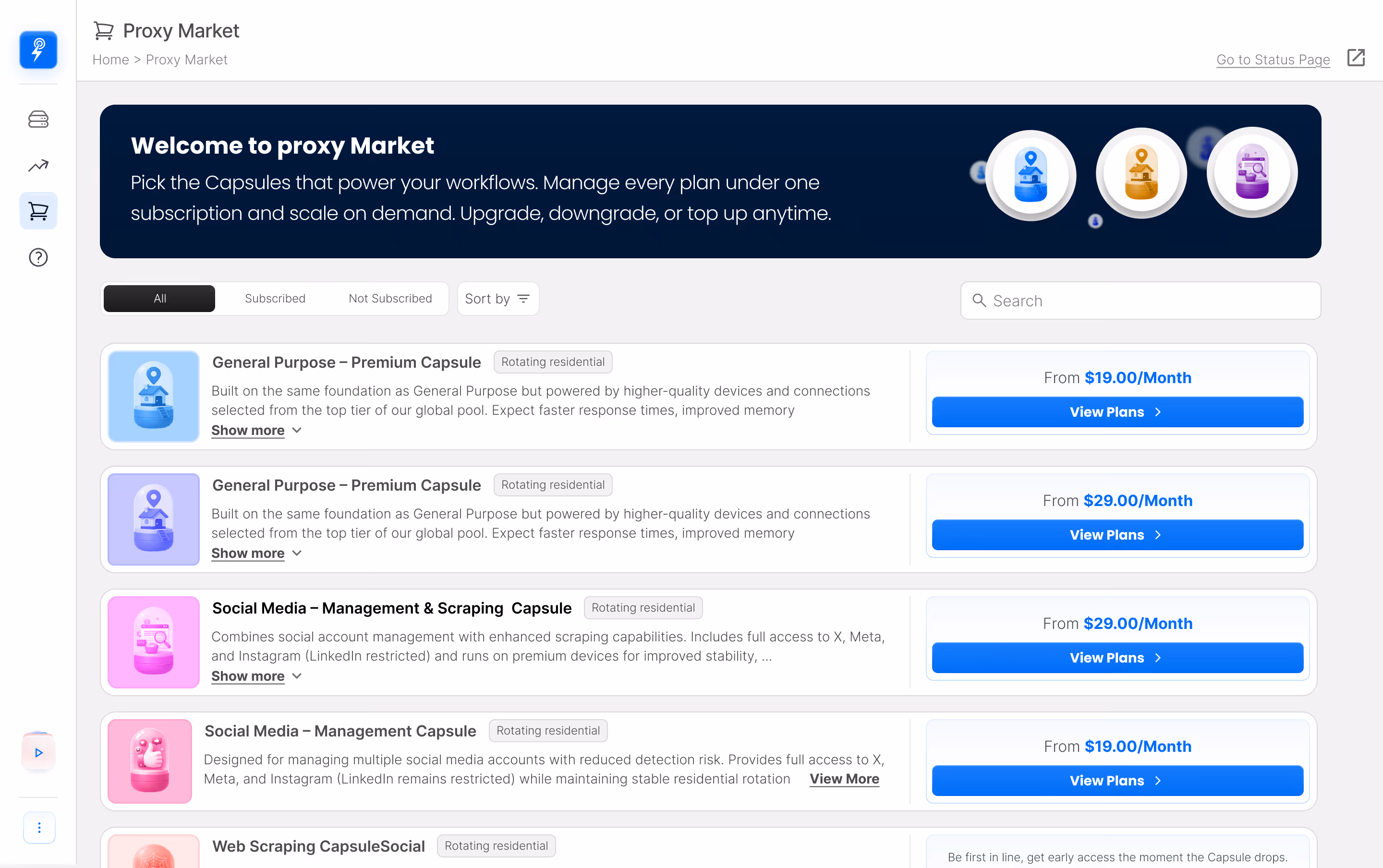 Proxy Market interface showing Rotating Residential Proxies with a Standard Capsule general purpose plan, details on real residential IPs, session options, and monthly plans with 30GB selected at $57.