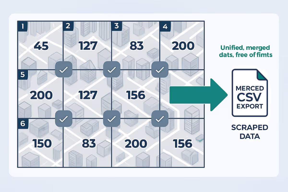 Grid-based Google Maps scraping diagram showing city divided into 2km cells with individual result counts and deduplication across cell boundaries