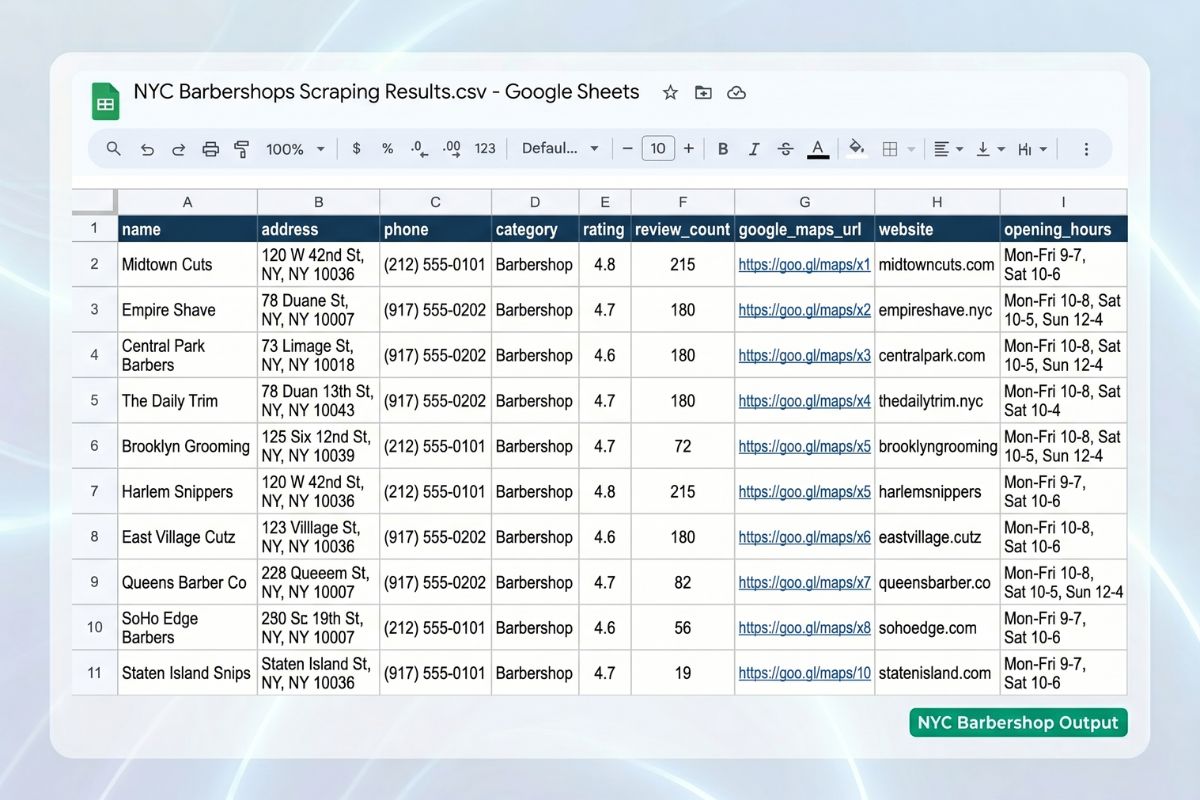 CSV output from Google Maps scraper showing real business data including names, addresses, phone numbers, ratings, and websites for barbershops in New York City