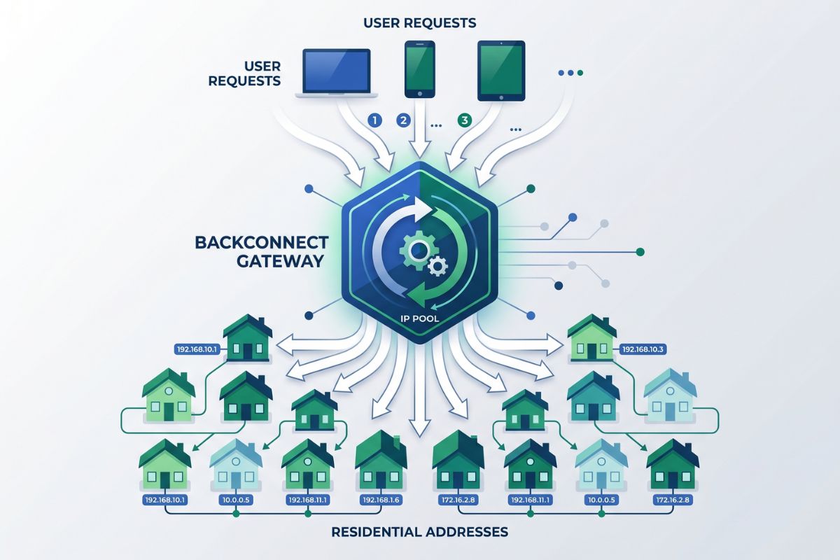 rotating proxy backconnect gateway diagram showing IP pool and automatic request distribution across residential addresses