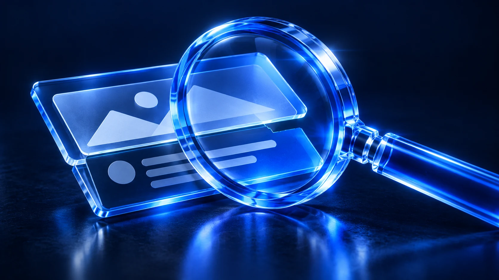 Blue-glass inspection lens examining layered advertising content.