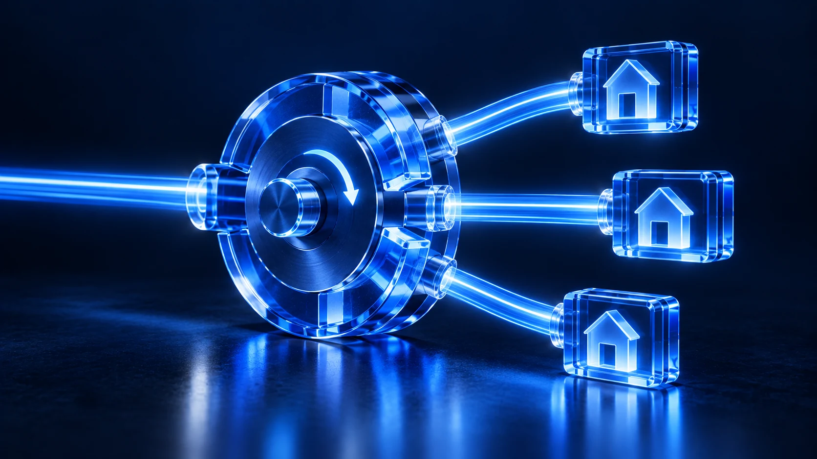 Blue-glass rotary distributor routing independent checks to residential nodes.