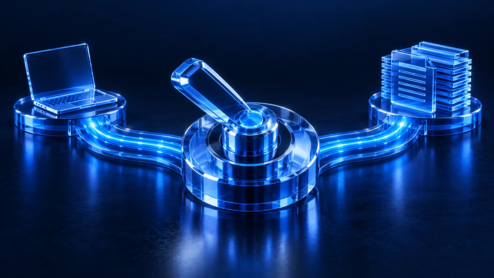 A blue-glass selector between a personal device and a structured data workload.