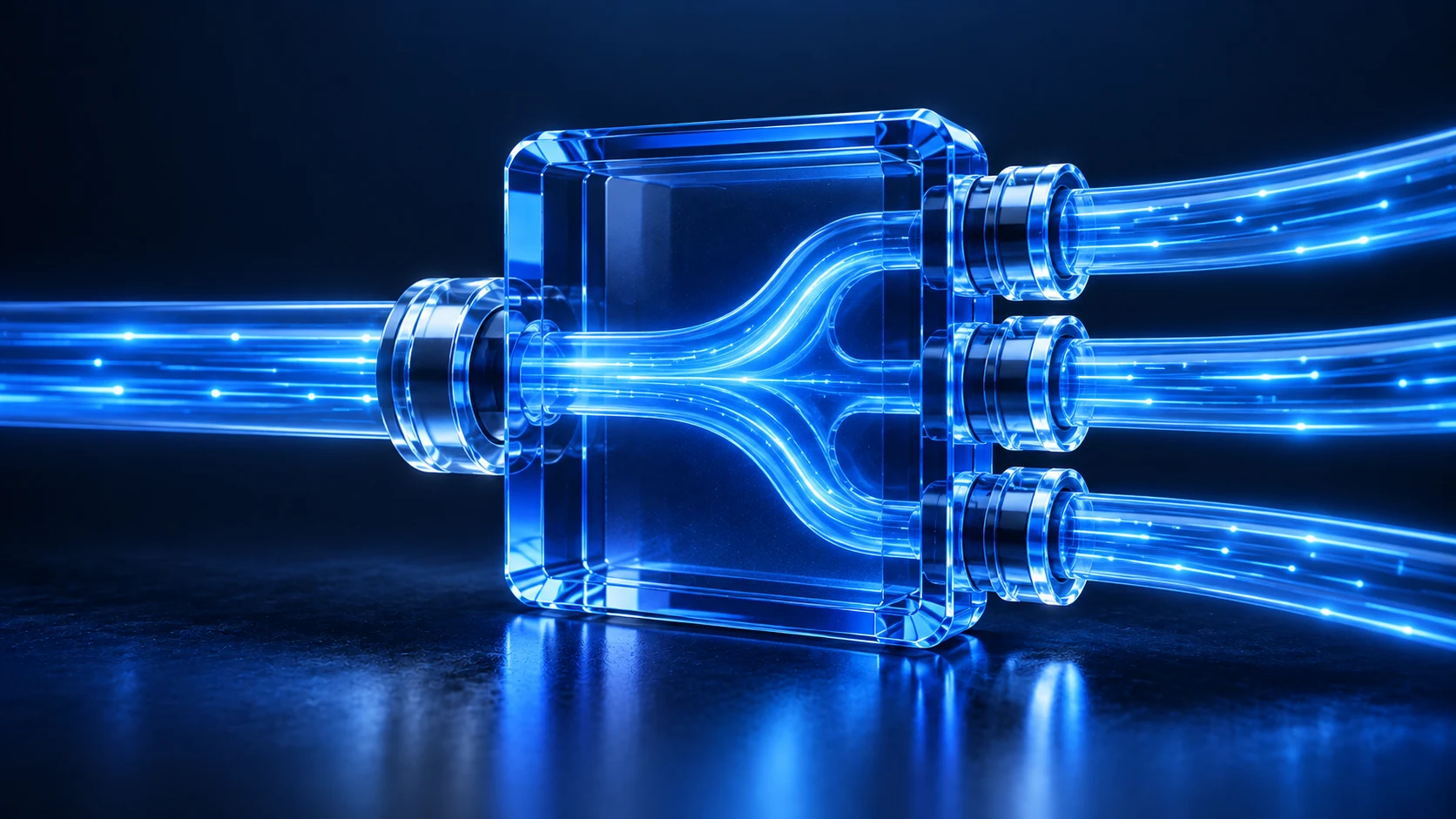 Blue-glass routing manifold contrasting one tunnel with separate request paths.