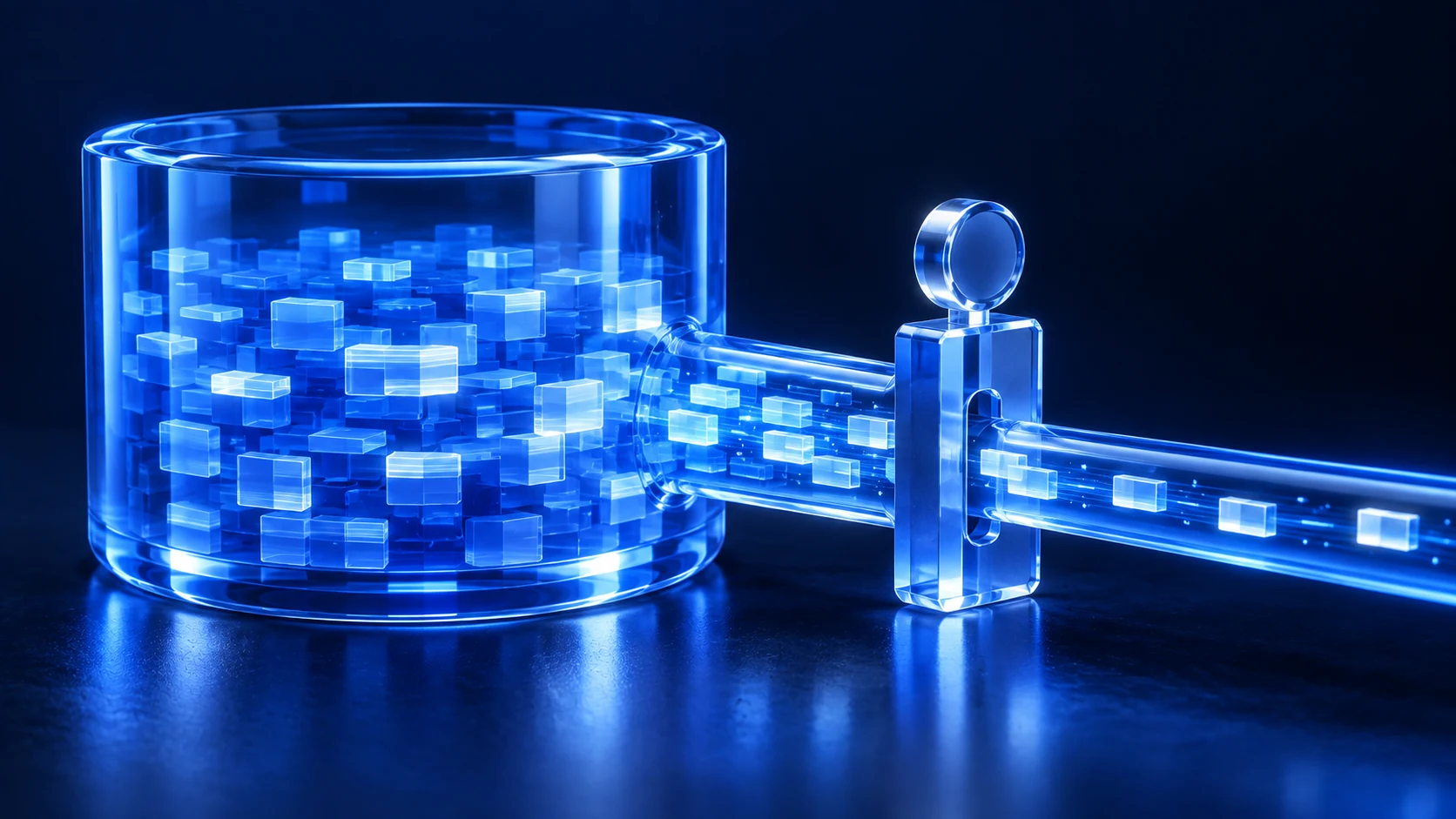 A blue-glass reservoir and adjustable channel representing data capacity planning.