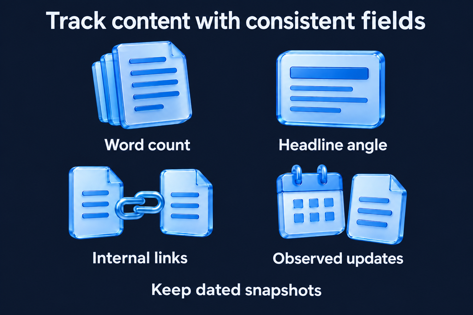 Track word count, headline angle, internal links and observed updates using dated snapshots.