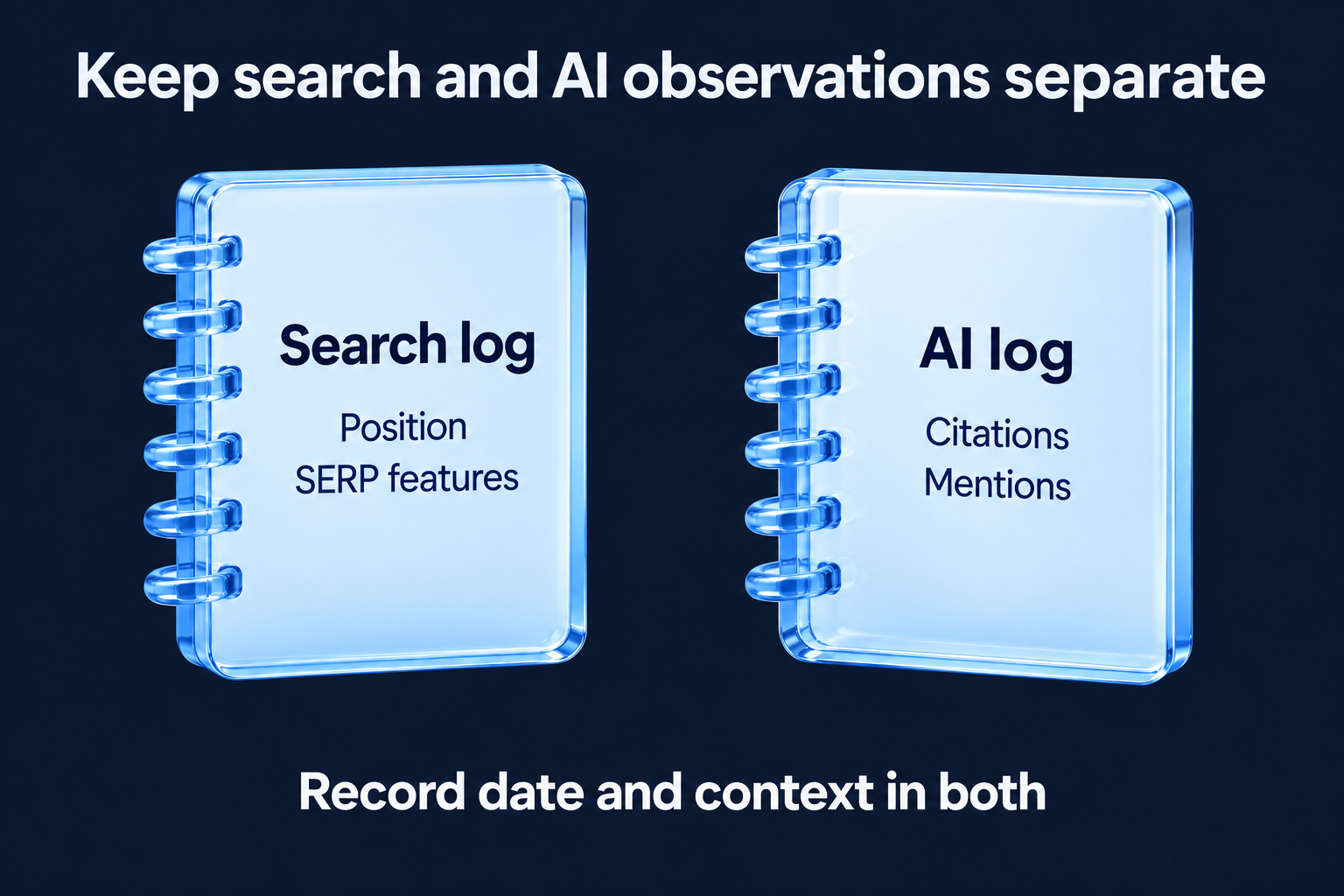 Separate search positions and SERP features from AI citations and mentions; record date and context in both logs.