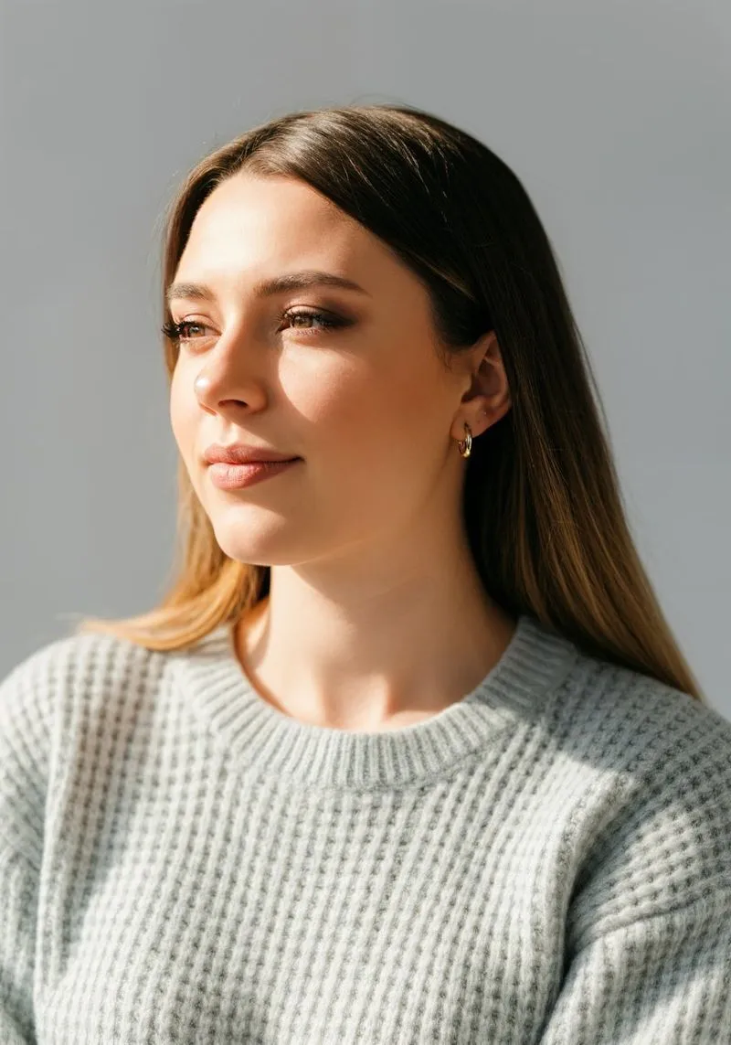 A woman with long hair wearing a sweater.