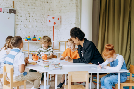 Parent and children during an art workshop
