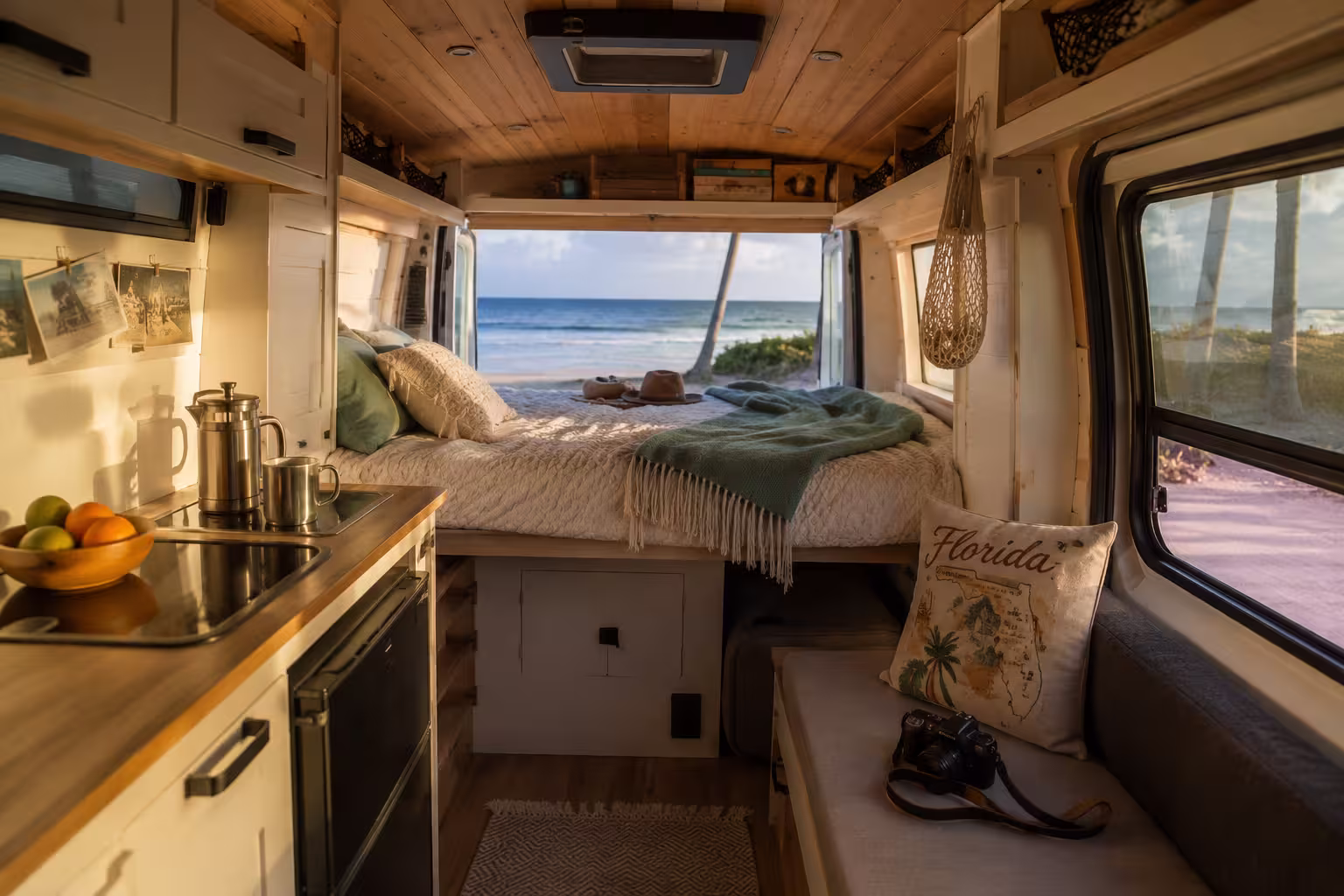 Small campervan interior kitchen and bed
