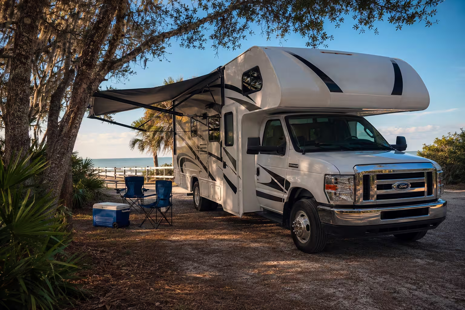 Class C motorhome at a Jacksonville beach campground