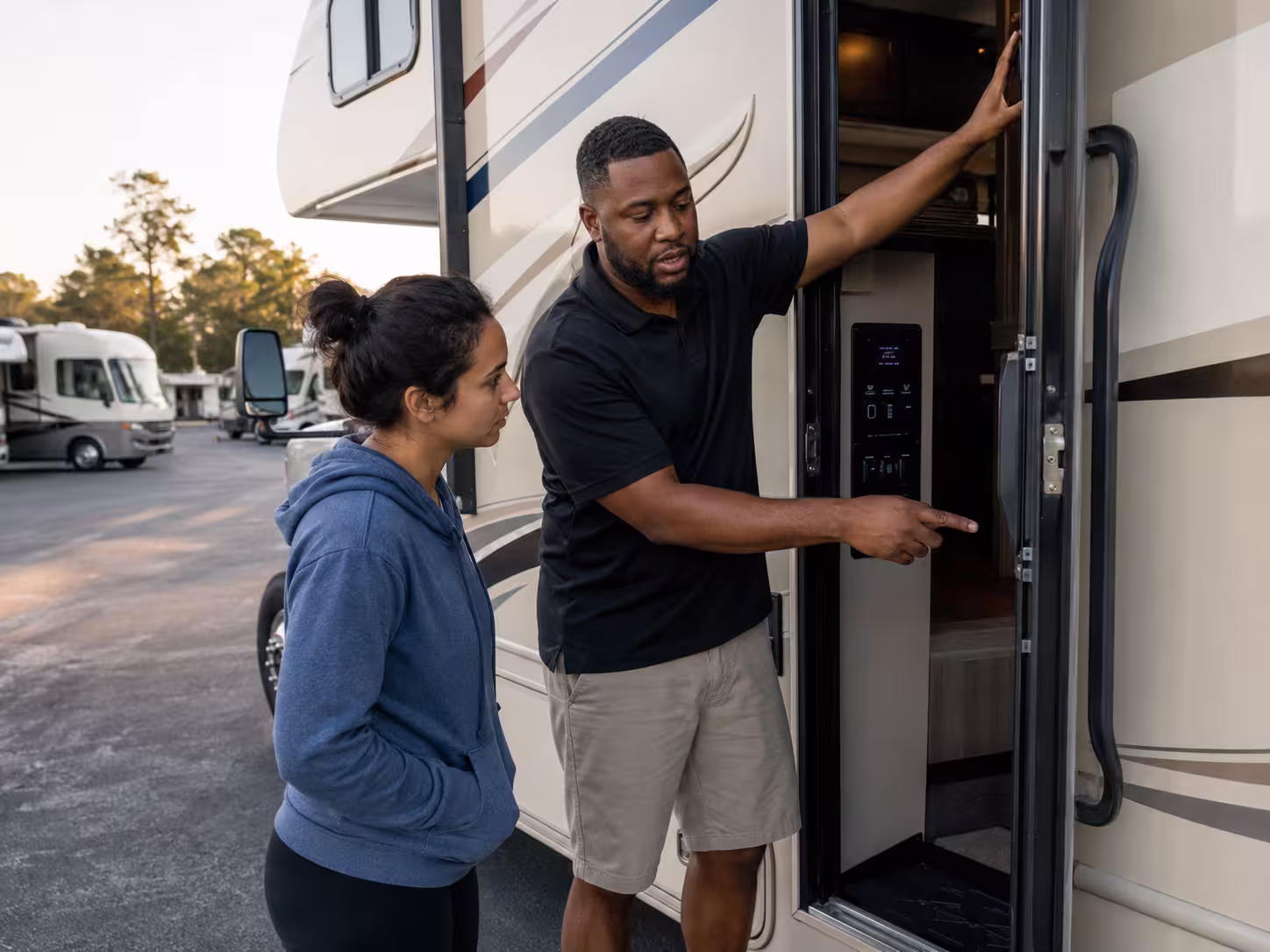 Manager showing a Class C motorhome to a renter in Jacksonville
