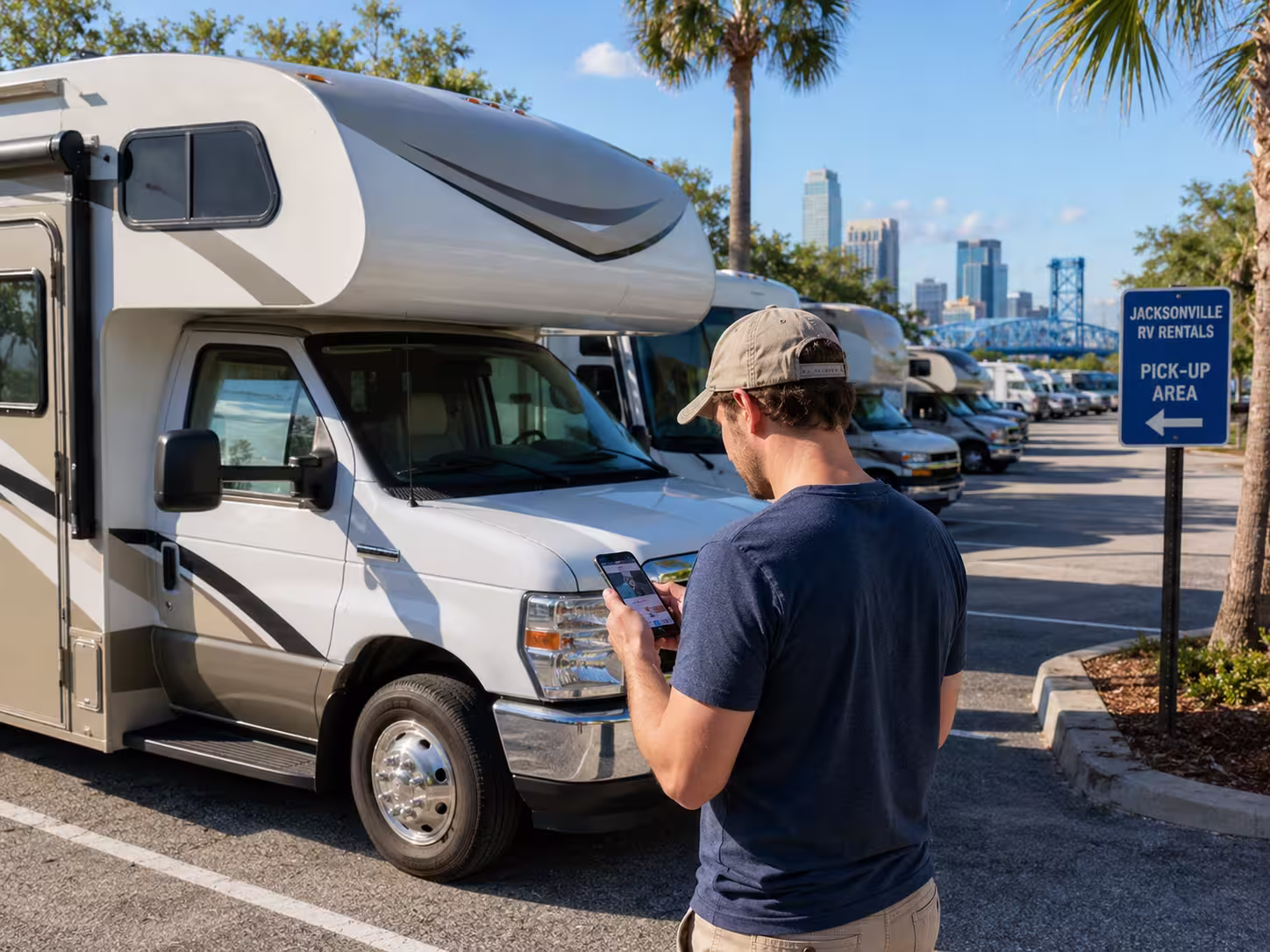 Renter comparing RV rental prices at Jacksonville RV Rentals in Florida