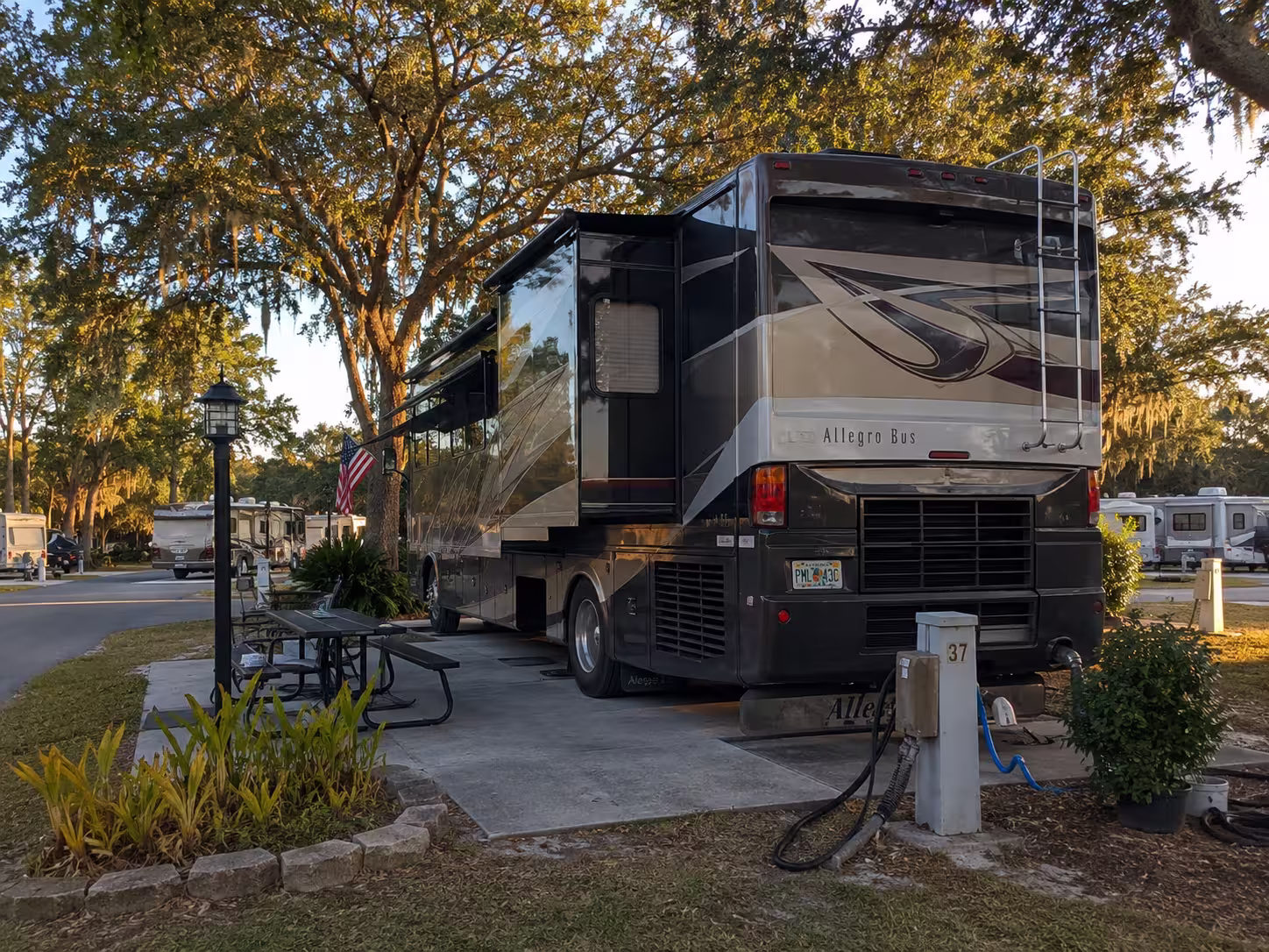 Long term RV connected to hookups at a Jacksonville RV park
