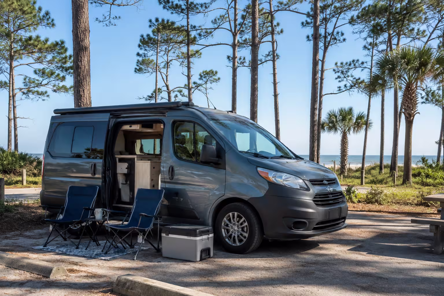 Camper rental parked near the beach at Hanna Park in Jacksonville, FL