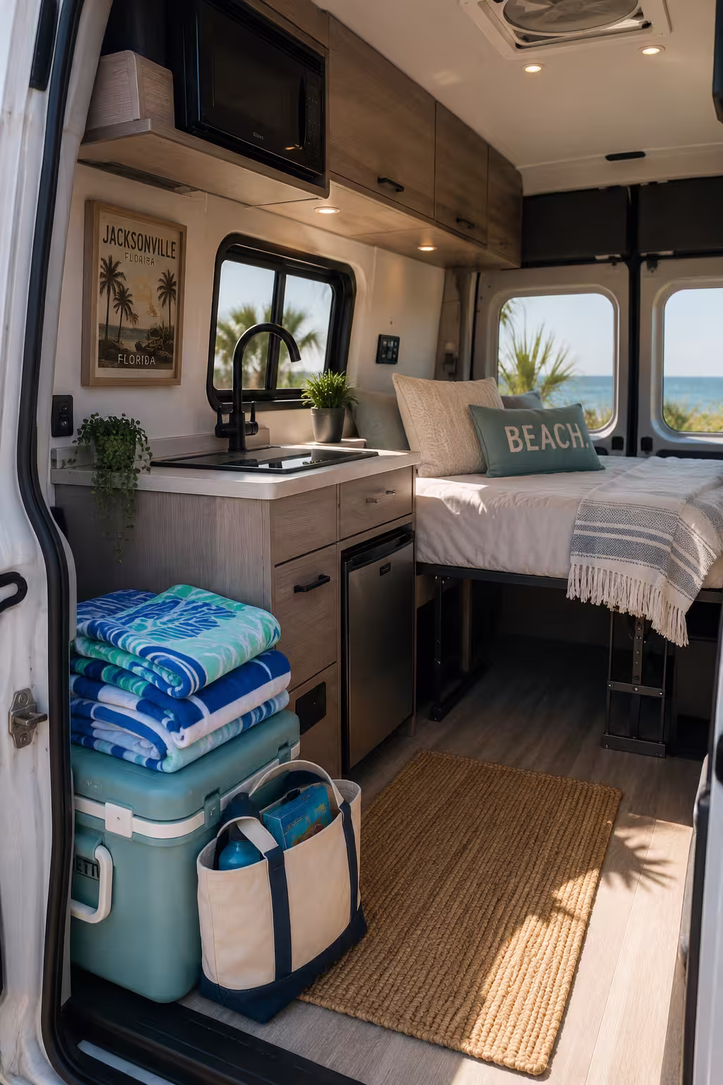 Camper van interior kitchen and sleeping area for a Jacksonville rental