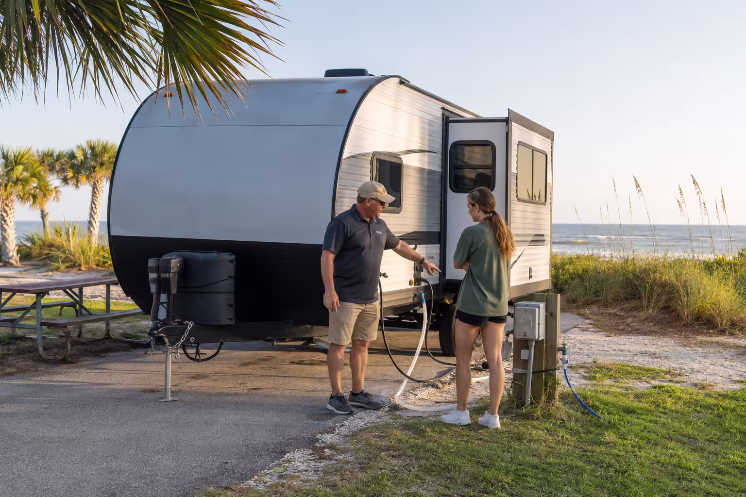 Manager setting up a delivered camper rental at a Jacksonville beach campsite