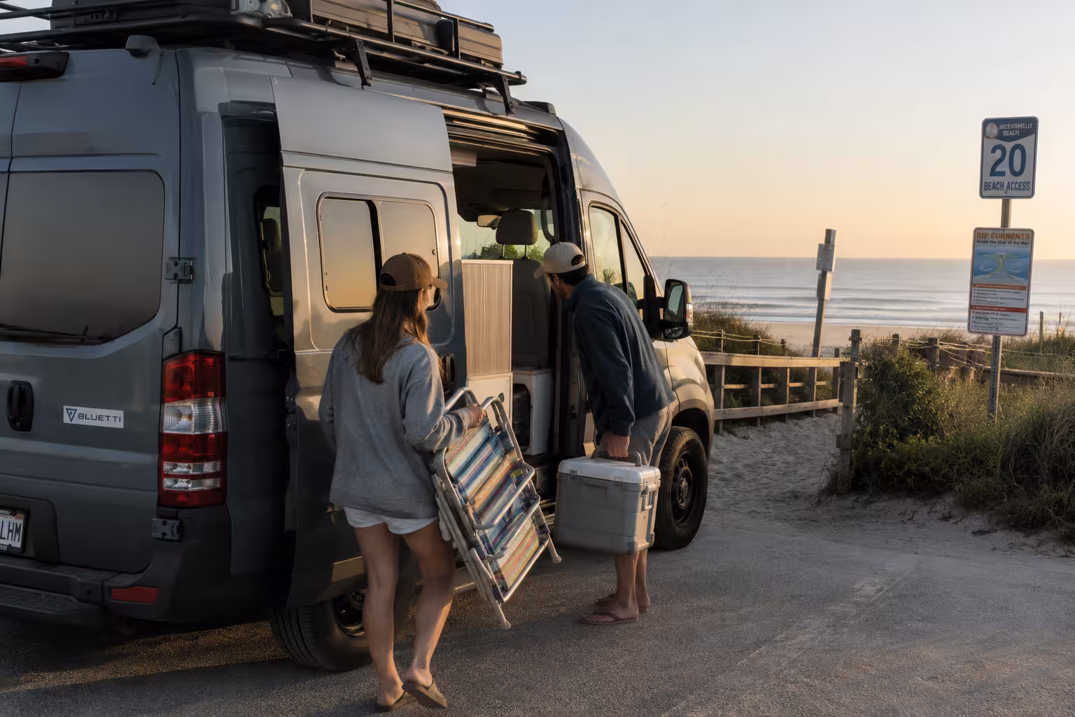 Camper van parked near the dunes at Jacksonville Beach