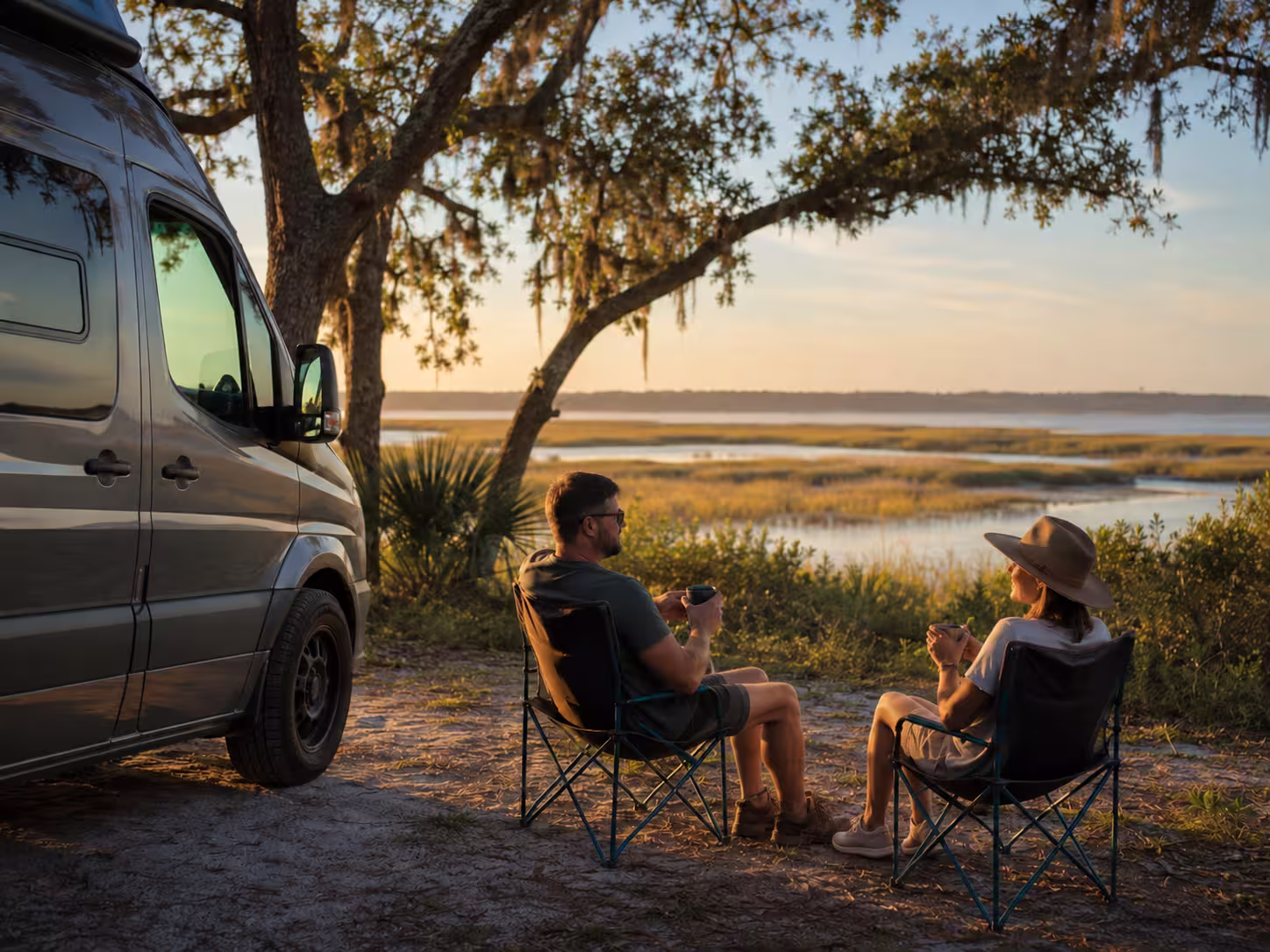 Couple relaxing beside a camper van near Big Talbot Island