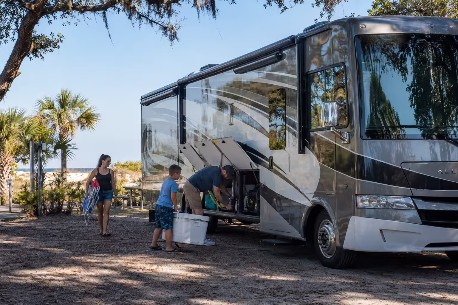 Large Class A motorhome at a Jacksonville beach campground