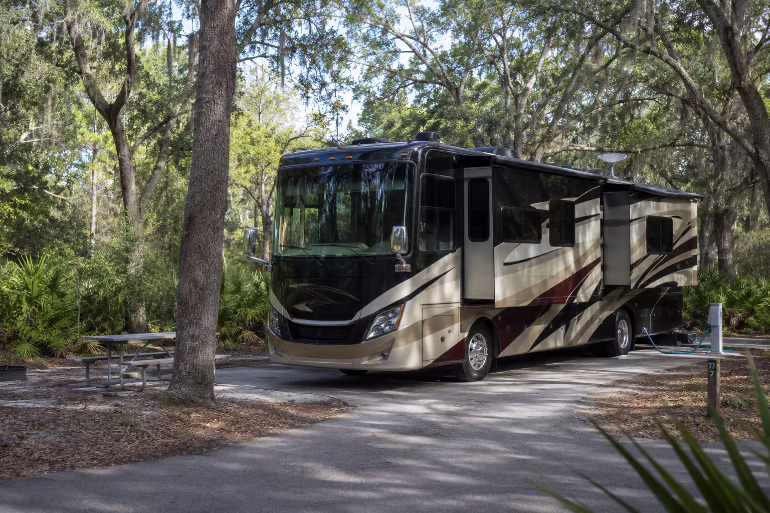 Large RV set up at a hookup site near Little Talbot Island