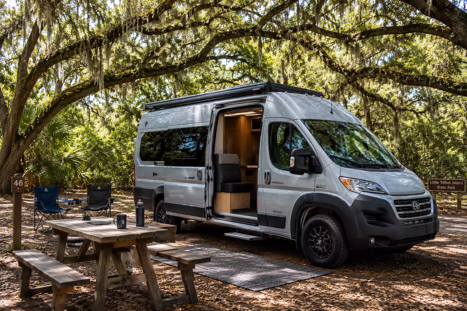 Class B campervan set up at Little Talbot Island campsite