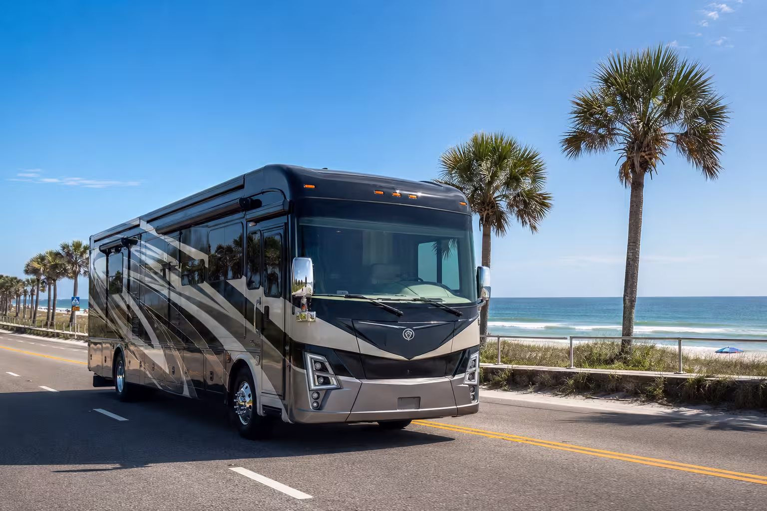 Class A motorhome on a coastal highway near Jacksonville, FL