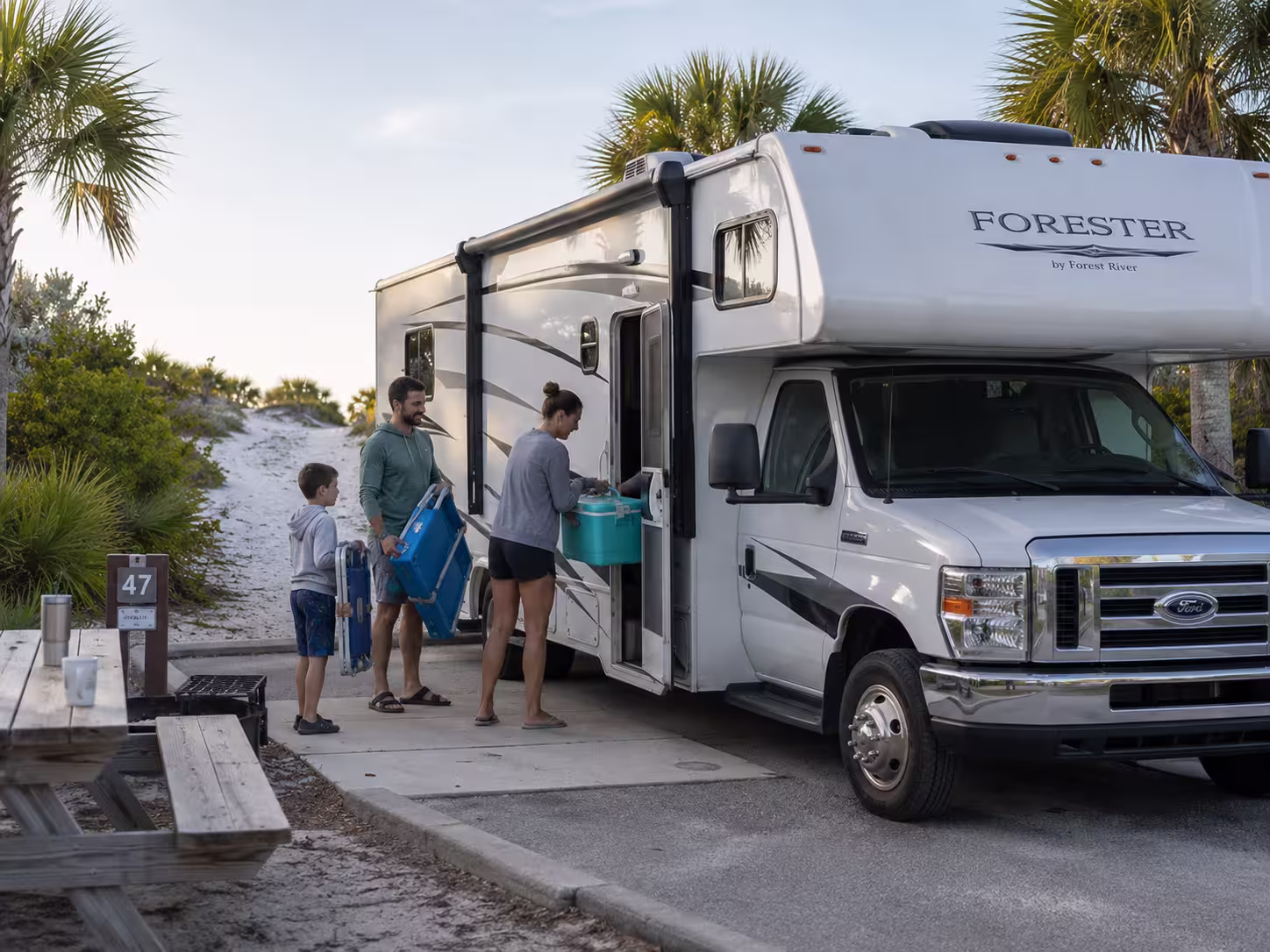 Class C motorhome at a Jacksonville beach campsite