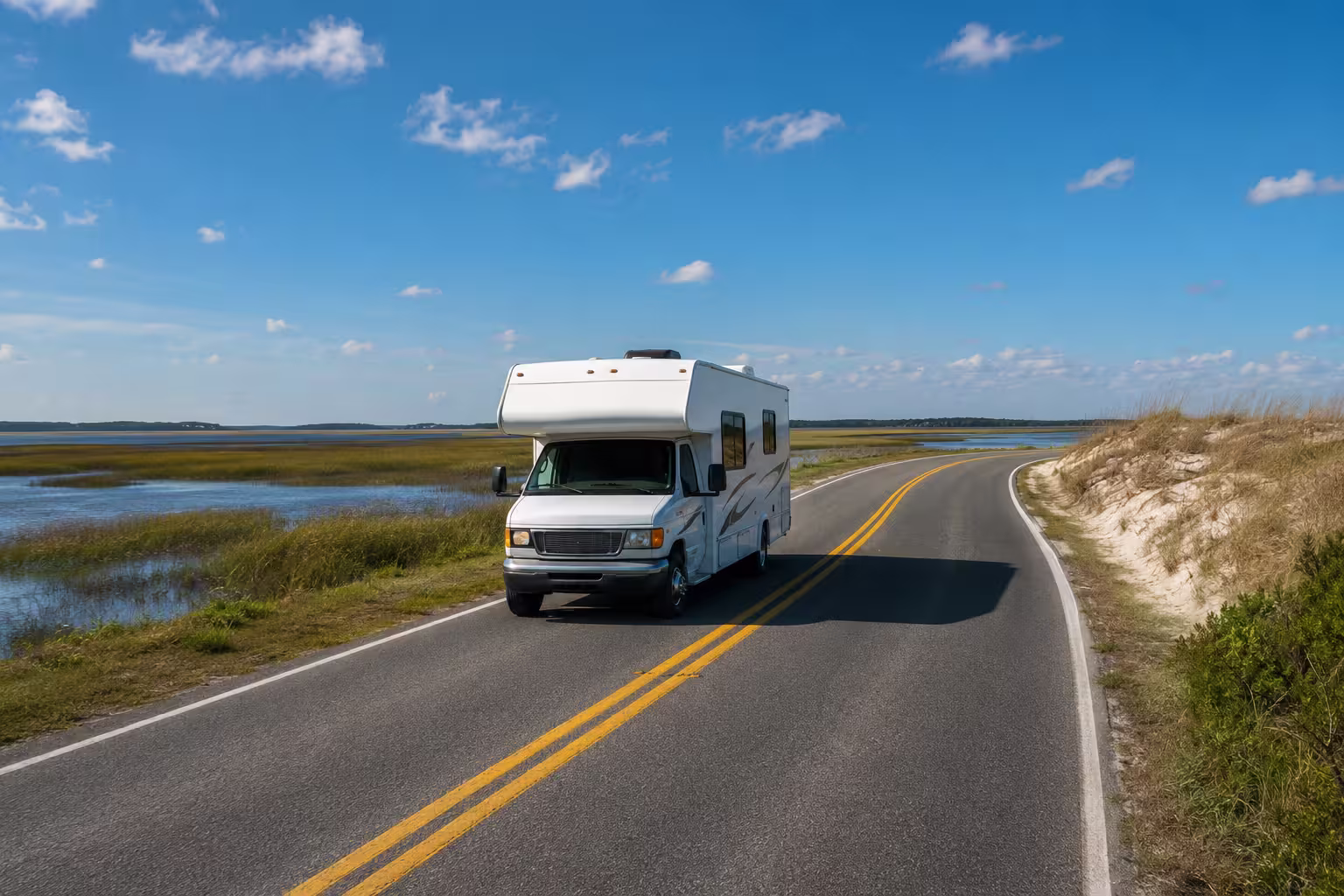 Class C motorhome on a coastal road near Jacksonville