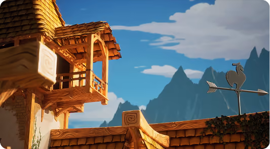 Wooden balcony and rooftop with a rooster weather vane under blue sky with mountains in the distance.