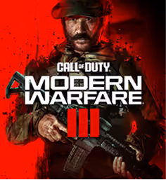 Soldier in tactical gear holding a rifle with Call of Duty Modern Warfare III logo on red background.