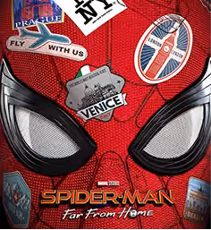 Close-up of Spider-Man mask with travel stickers from Prague, Venice, and Berlin.