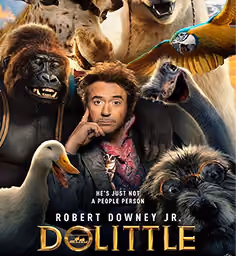 Movie poster of Dolittle featuring Robert Downey Jr. surrounded by various animals.