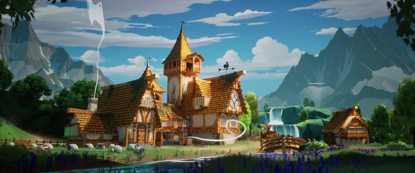 A fantasy village with timber houses, a bridge, sheep, waterfalls, and mountains under a partly cloudy sky.