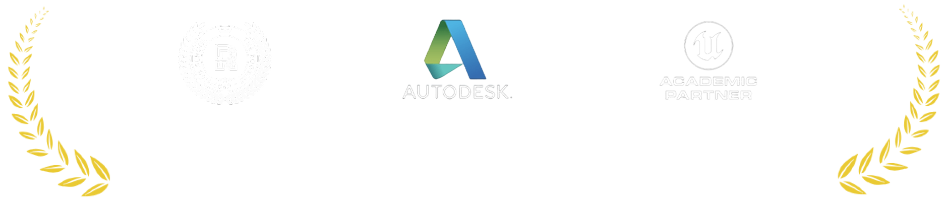 Logos and text indicating top 50 schools ranking, Autodesk authorized training center, and Unreal Engine training partner.