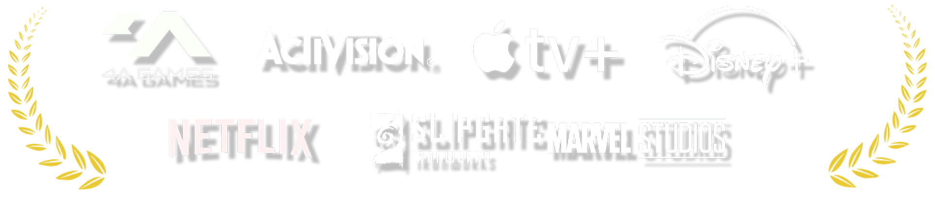 Logos of 4A Games, Activision, Apple TV+, Disney+, Netflix, Slipgate Ironworks, and Marvel Studios.