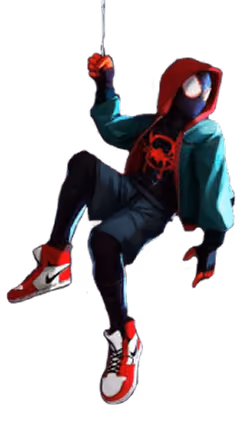 Spider-Man in black suit with red hoodie and white-red sneakers hanging from web.