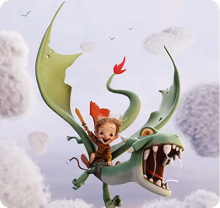 Child wearing a red hat riding a green dragon with wide open mouth above fluffy clouds.