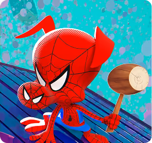 Cartoon Spiderman with dog ears holding a wooden mallet on a blue surface with teal background.