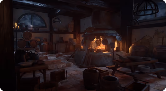 Dimly lit rustic kitchen with a fireplace, pots, wooden barrels, and clay vessels.