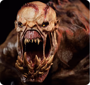 Close-up of a terrifying monster with sharp teeth, yellow eyes, and a gaping mouth.